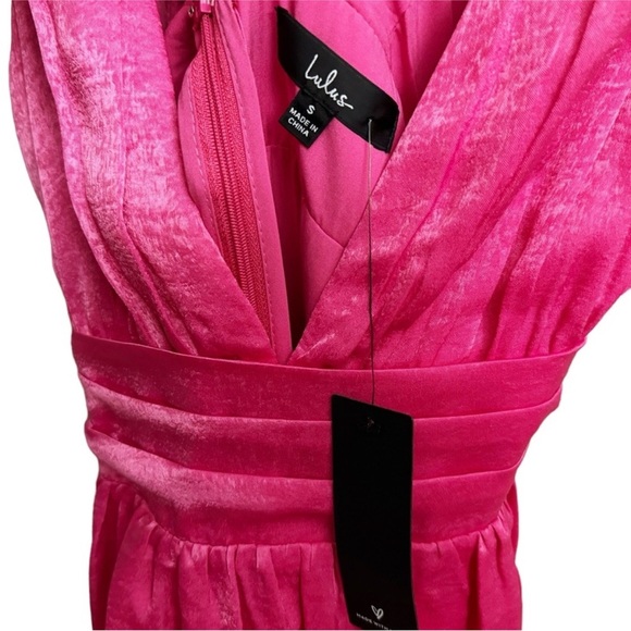 NWT Lulus Peak Party Vibe Satin Tiered Tie Midi Dress Hot Pink - Picture 7 of 8